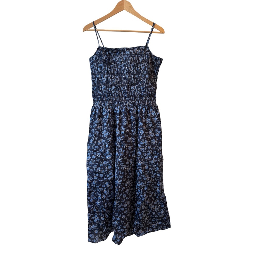 English Factory Sleeveless Square-Neck Cotton Midi Dress Smocked Navy Floral L - Picture 4 of 11